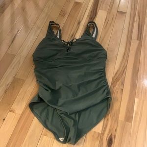 Olive scalloped top one piece swimsuit